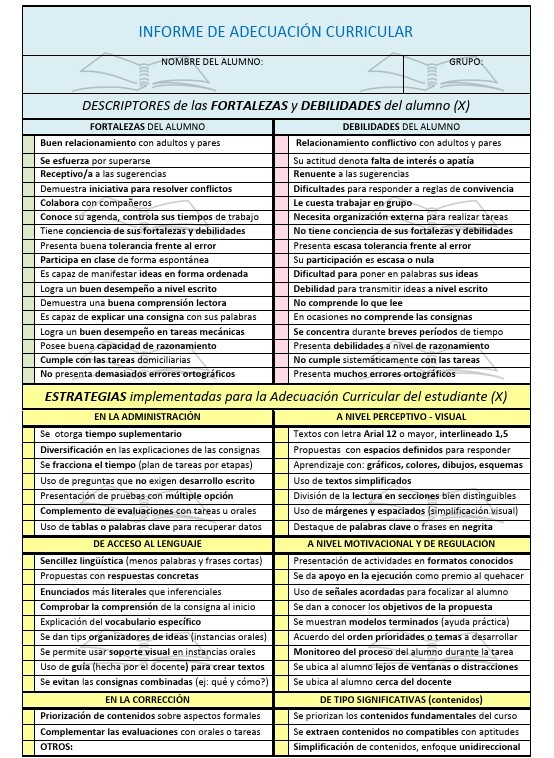 Optimizá tus informes de Adecuación Curricular con esta completa guía diseñada para marcar con una ✘ las diferentes opciones.